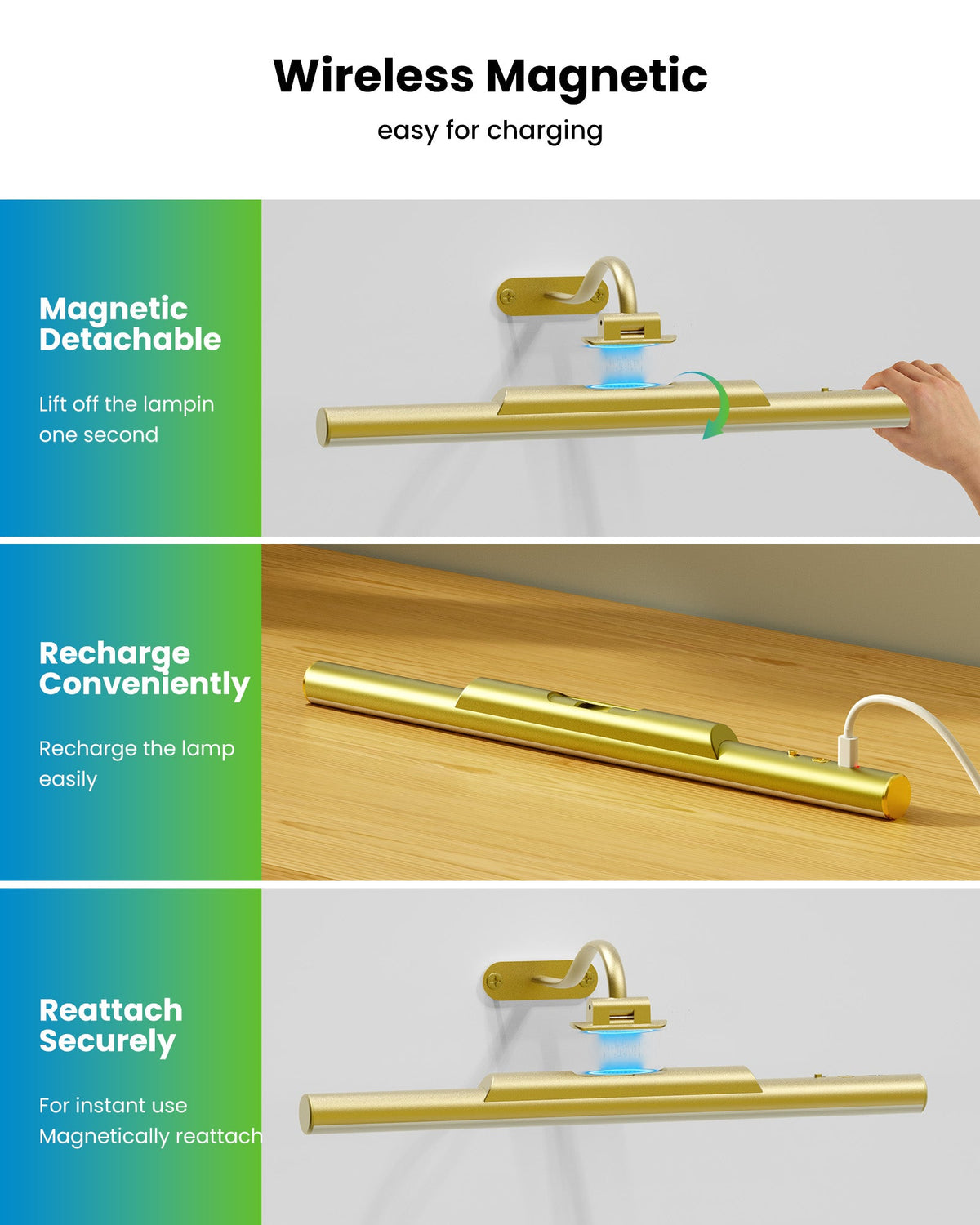 Picture Light for Wall Wireless Rechargeable 16 Inch Gold Craftersmark