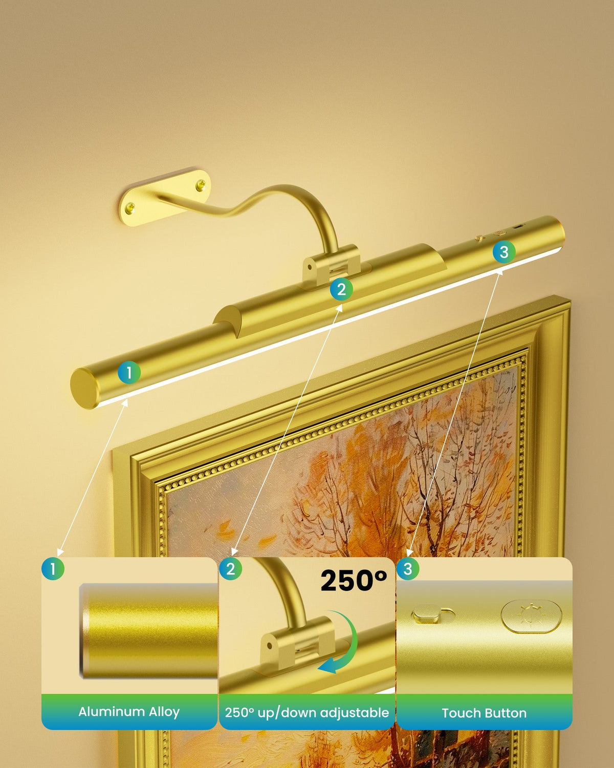 Picture Light for Wall Wireless Rechargeable 16 Inch Gold Craftersmark