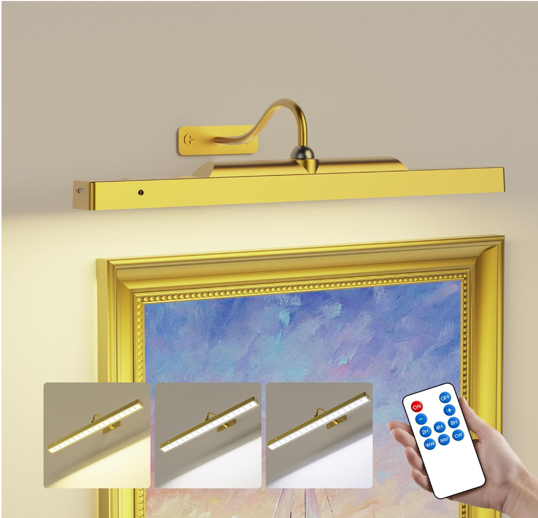 Lights for Pictures on Wall, 16in Battery Operated Picture Lights for Paintings, 5000mAh Wall Lights with Remote and 3 Light Modes,Art Light for Wall Painting,Frame, Portrait, Dartboard - Gold Craftersmark