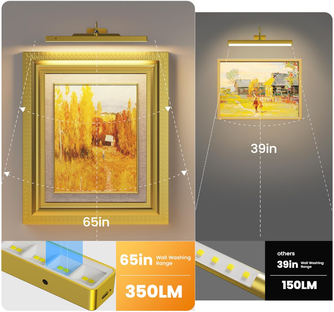 Lights for Pictures on Wall, 16in Battery Operated Picture Lights for Paintings, 5000mAh Wall Lights with Remote and 3 Light Modes,Art Light for Wall Painting,Frame, Portrait, Dartboard - Gold Craftersmark