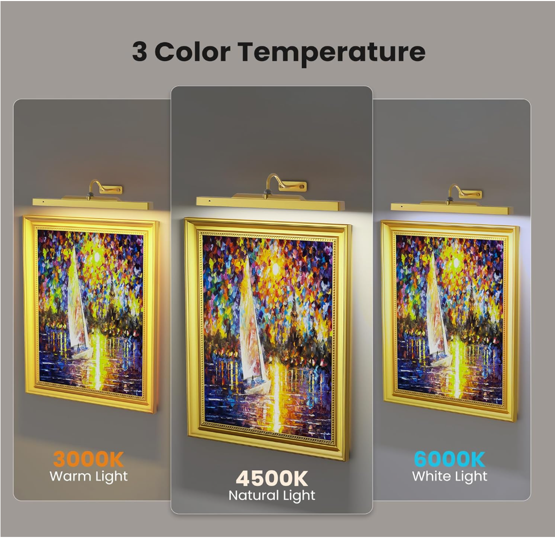 Lights for Pictures on Wall, 16in Battery Operated Picture Lights for Paintings, 5000mAh Wall Lights with Remote and 3 Light Modes,Art Light for Wall Painting,Frame, Portrait, Dartboard - Gold Craftersmark