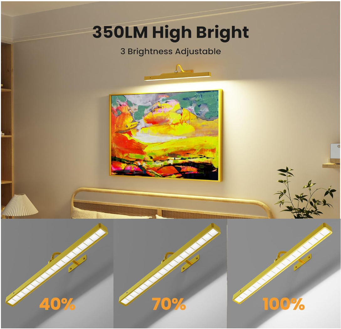 Lights for Pictures on Wall, 16in Battery Operated Picture Lights for Paintings, 5000mAh Wall Lights with Remote and 3 Light Modes,Art Light for Wall Painting,Frame, Portrait, Dartboard - Gold Craftersmark