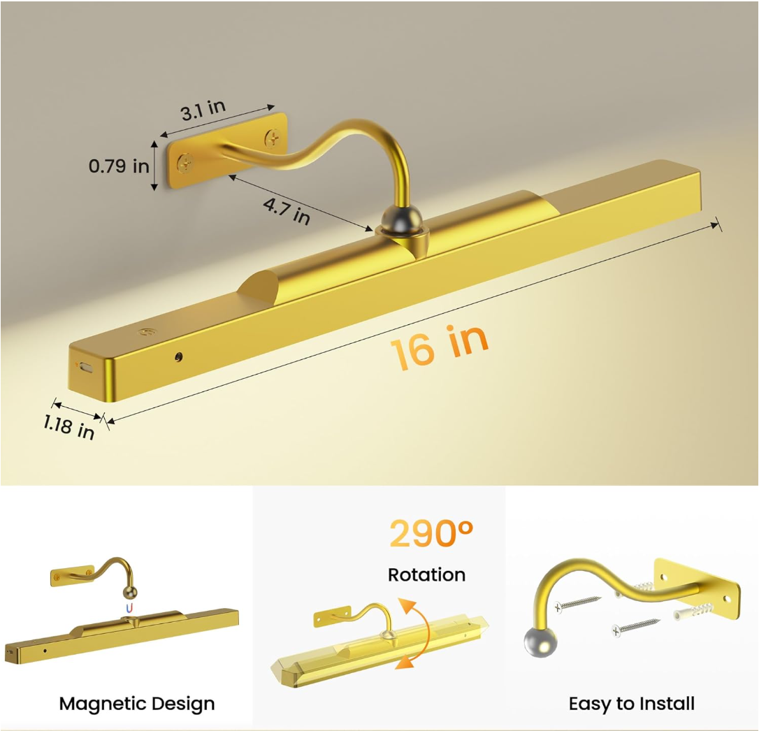 Lights for Pictures on Wall, 16in Battery Operated Picture Lights for Paintings, 5000mAh Wall Lights with Remote and 3 Light Modes,Art Light for Wall Painting,Frame, Portrait, Dartboard - Gold Craftersmark
