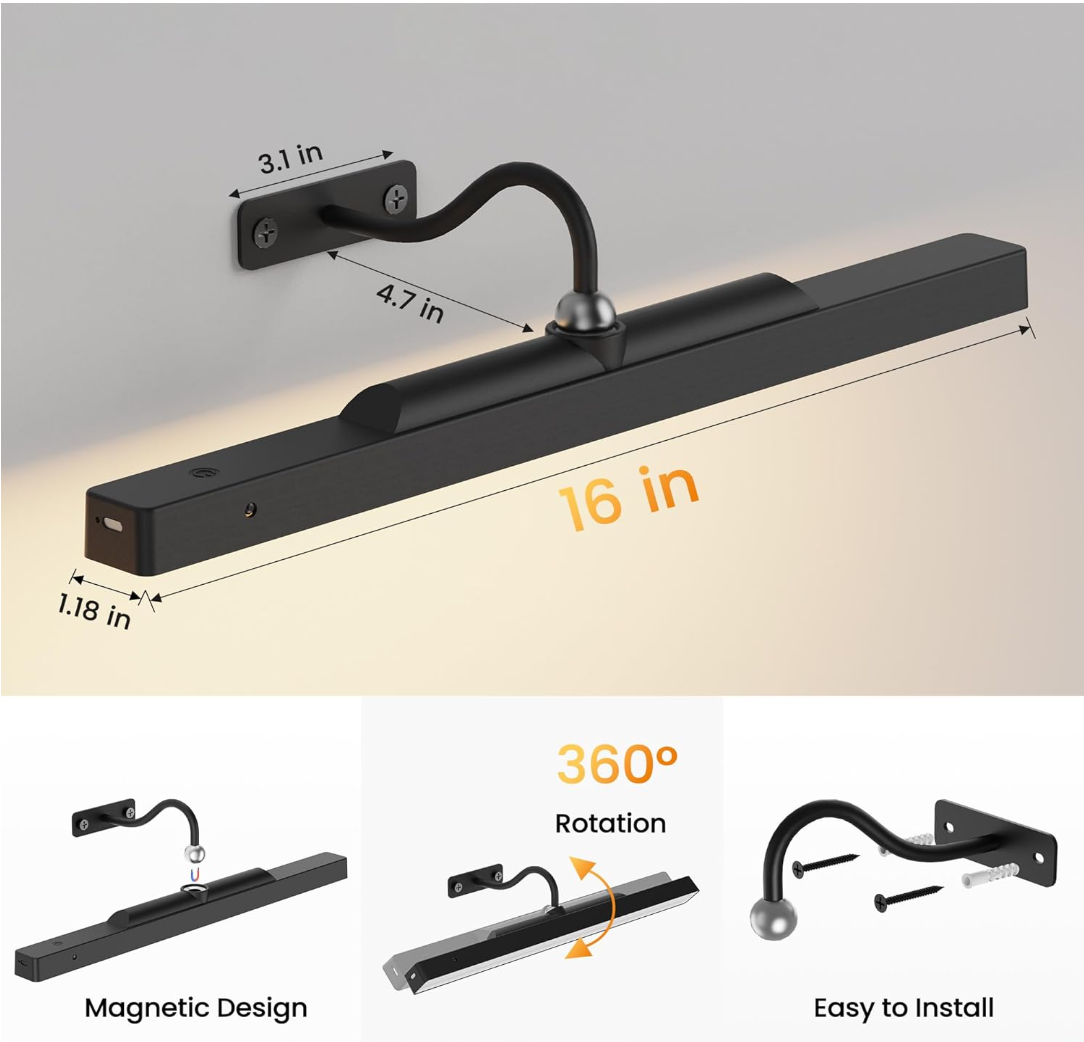 Dimmable Cordless Picture Light for Wall 16n, 5000mAh Rechargeable Battery Wall Sconce Art Light, CRI 95+ 350LM Wall Light for Gallery Artwork, Paintings, Photo, Portraits - Black Craftersmark