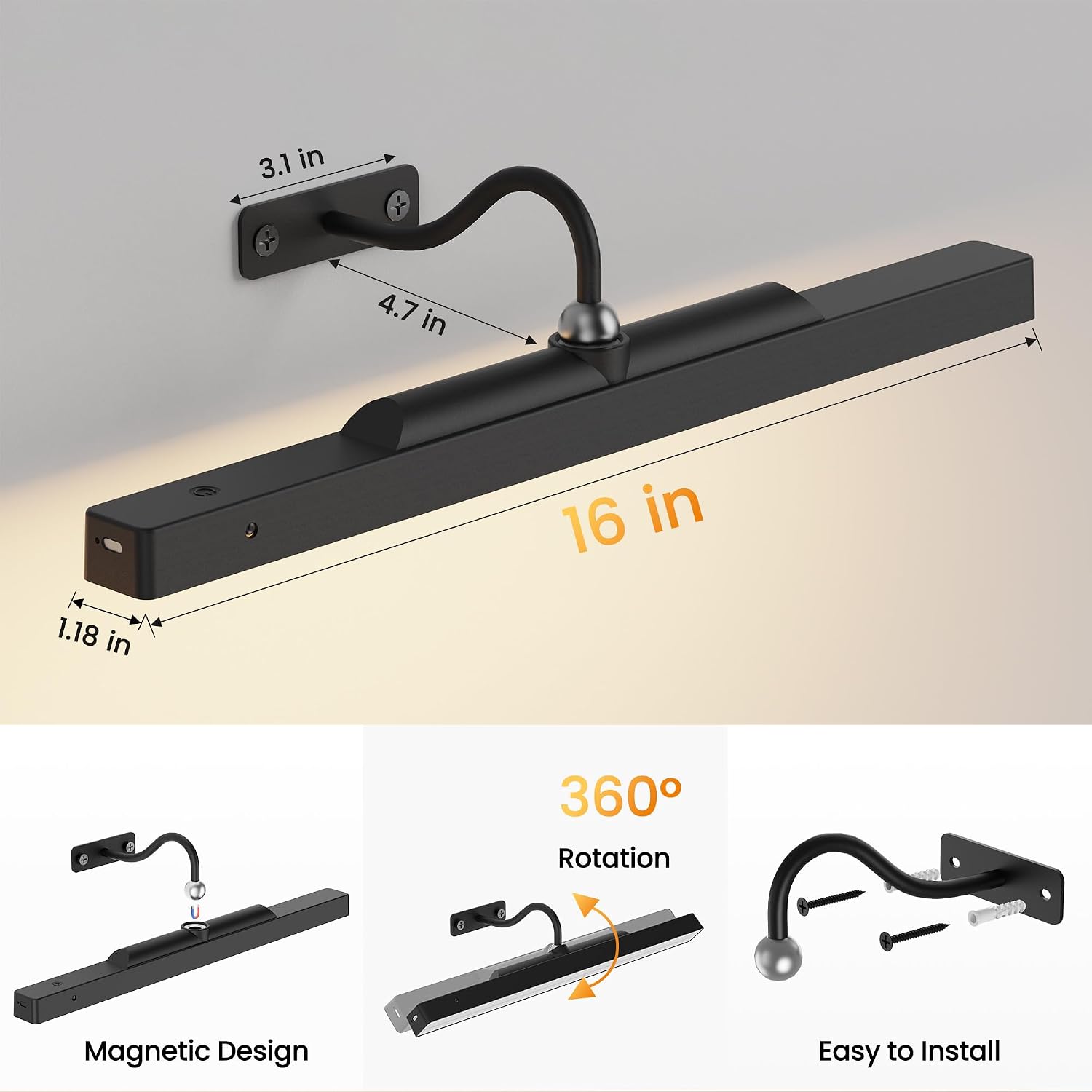 Dimmable Cordless Picture Light for Wall 16in, 5000mAh Rechargeable Battery Wall Sconce Art Light, CRI 95+ 350LM Wall Light for Gallery Artwork, Paintings, Photo,Portraits Craftersmark