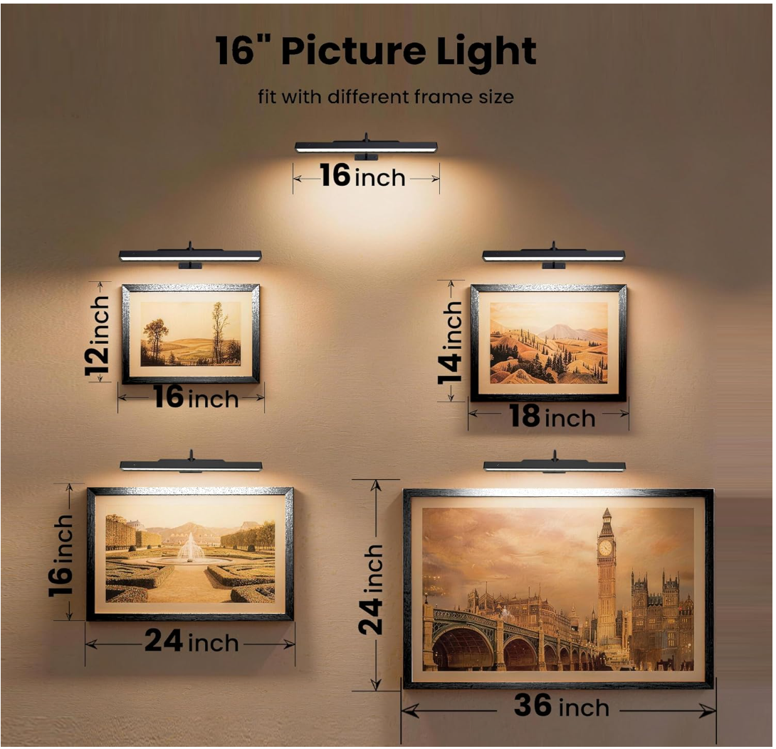 Dimmable Cordless Picture Light for Wall 16n, 5000mAh Rechargeable Battery Wall Sconce Art Light, CRI 95+ 350LM Wall Light for Gallery Artwork, Paintings, Photo, Portraits - Black Craftersmark