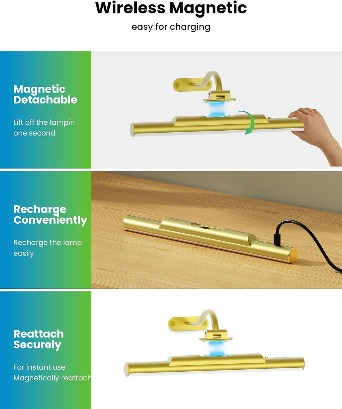 Picture Light for Wall Battery Powered Wireless 13in Gold Craftersmark