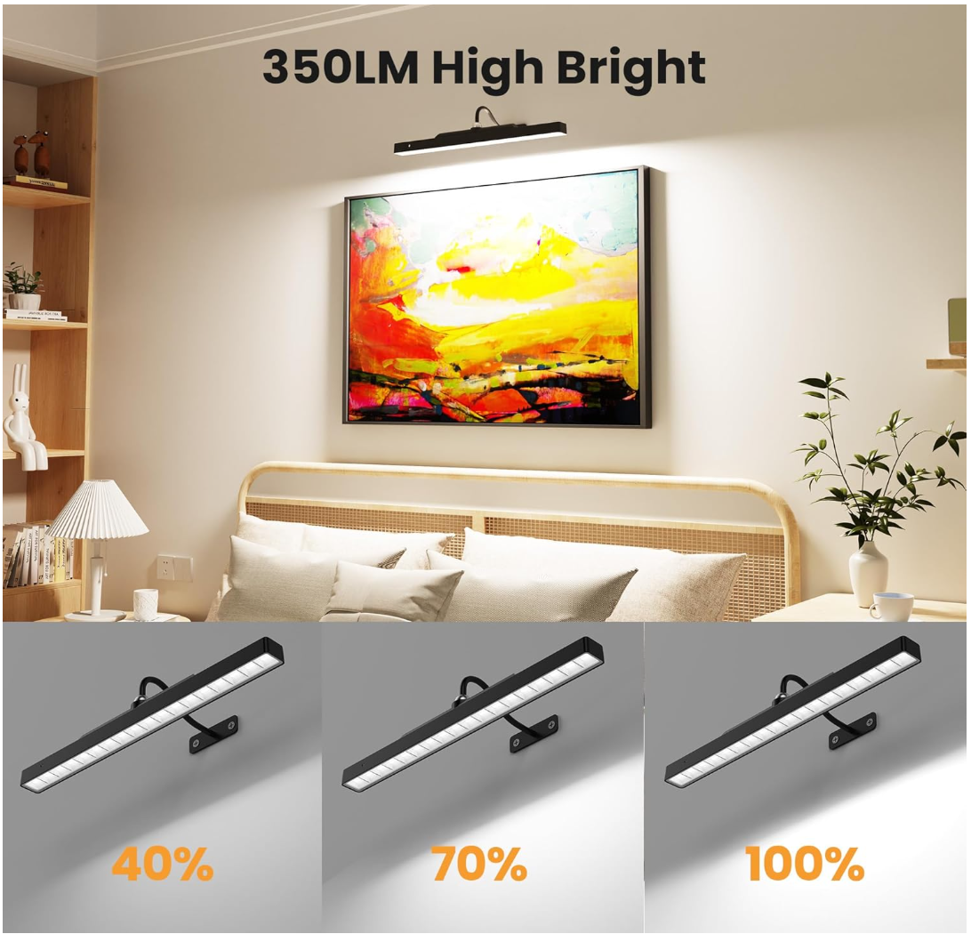 Dimmable Cordless Picture Light for Wall 16n, 5000mAh Rechargeable Battery Wall Sconce Art Light, CRI 95+ 350LM Wall Light for Gallery Artwork, Paintings, Photo, Portraits - Black Craftersmark