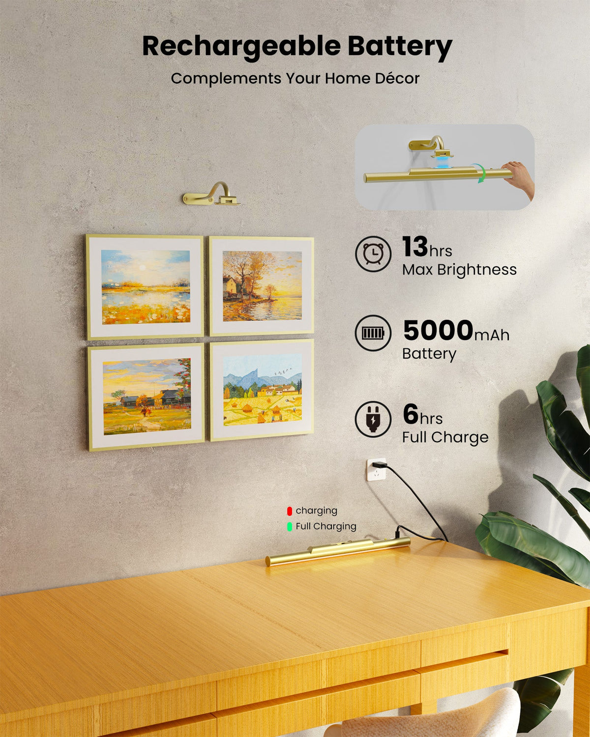 Picture Light for Wall Wireless Rechargeable 16 Inch Gold Craftersmark