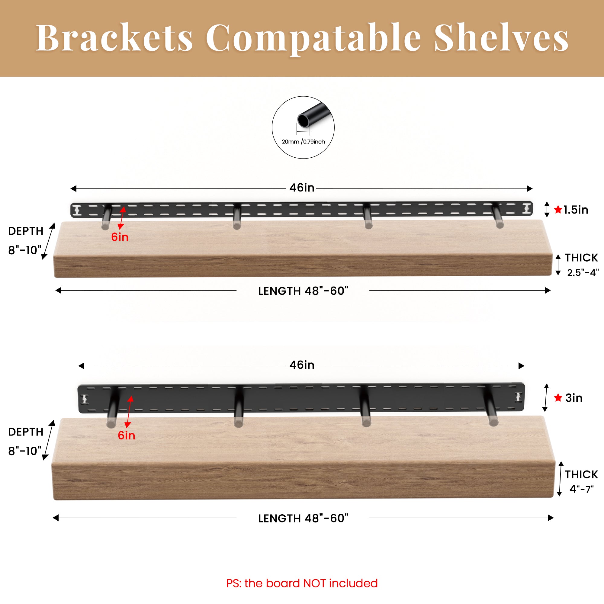 Floating Shelf Brackets--3 inch mantel backplate for shelves 4''-7'' thick Craftersmark