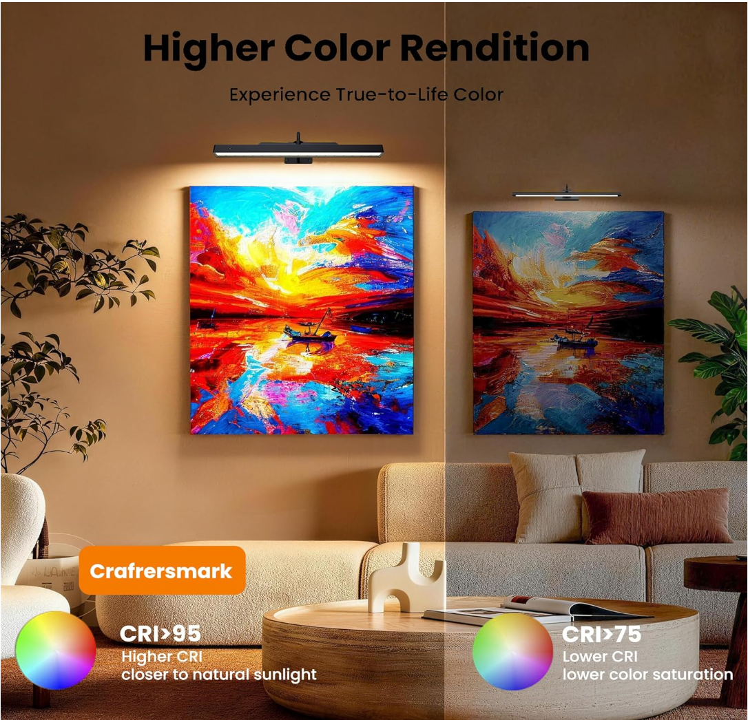 Dimmable Cordless Picture Light for Wall 16n, 5000mAh Rechargeable Battery Wall Sconce Art Light, CRI 95+ 350LM Wall Light for Gallery Artwork, Paintings, Photo, Portraits - Black Craftersmark