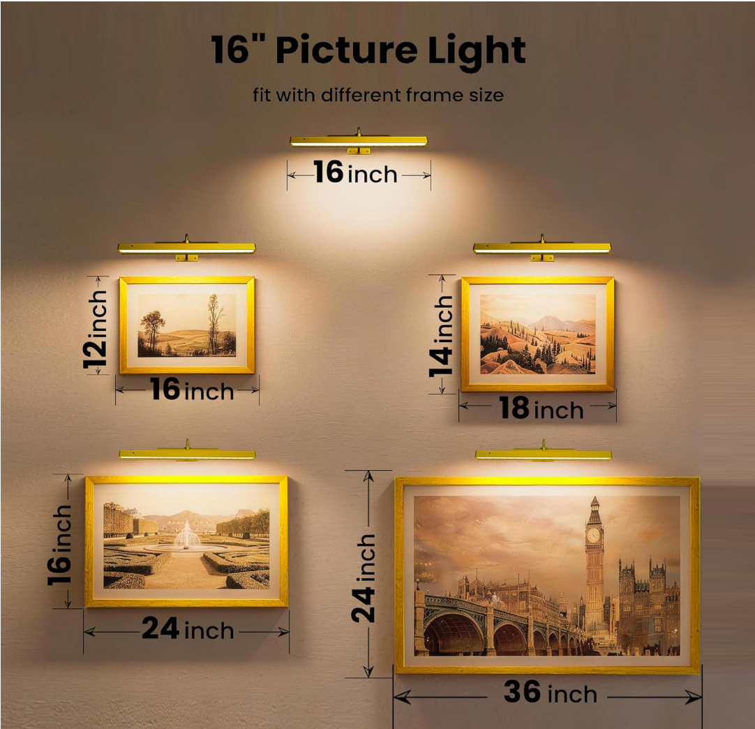 Lights for Pictures on Wall, 16in Battery Operated Picture Lights for Paintings, 5000mAh Wall Lights with Remote and 3 Light Modes,Art Light for Wall Painting,Frame, Portrait, Dartboard - Gold Craftersmark