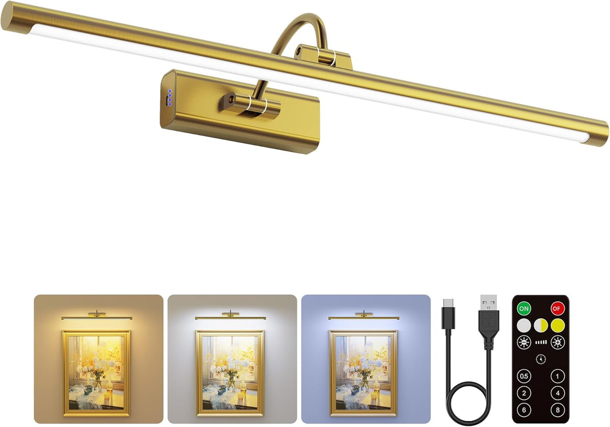 24" Picture Lights for Wall with 8000mAh Battery - Brass Operated Wireless Wall Art Light with Remote Control for Large Portrait & Paintings Art Craftersmark