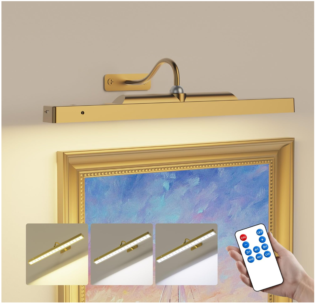 Wireless Picture Light Battery Operated, 1Pack Remote Control Painting Light with Timer, 13Hrs Service Life Art Display Light for Picture Frame Artworking Portrait, Poster, Photo, Mirror_Antique Gold Craftersmark