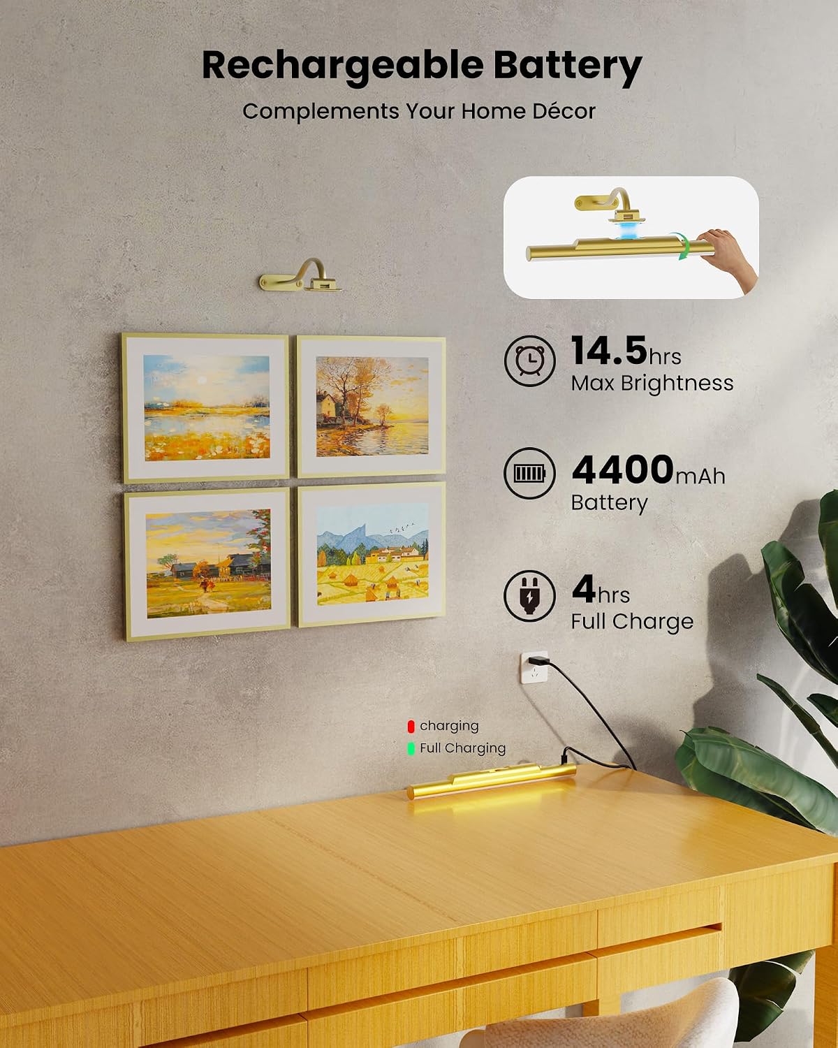 Picture Light for Wall Battery Powered Wireless 13in Gold Craftersmark