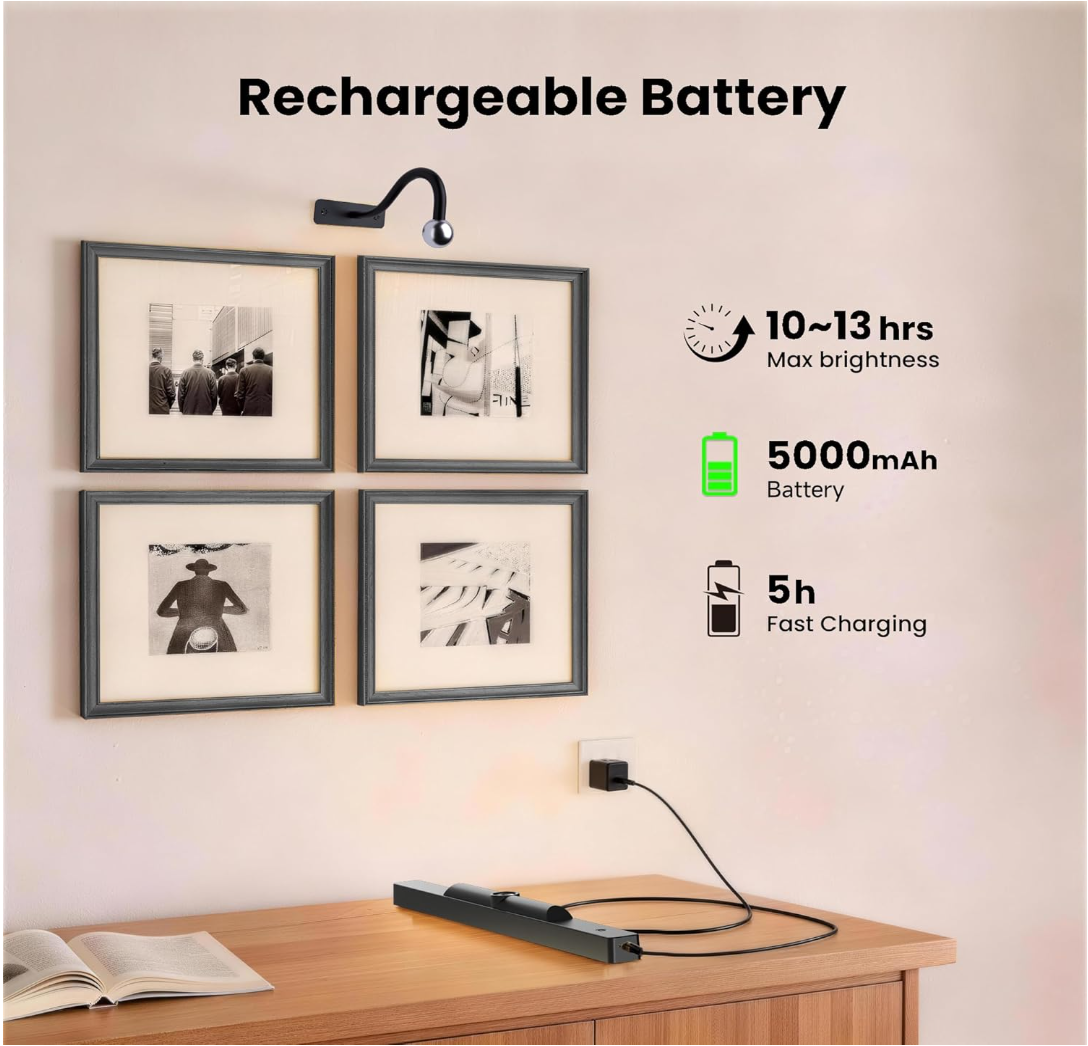Dimmable Cordless Picture Light for Wall 16n, 5000mAh Rechargeable Battery Wall Sconce Art Light, CRI 95+ 350LM Wall Light for Gallery Artwork, Paintings, Photo, Portraits - Black Craftersmark