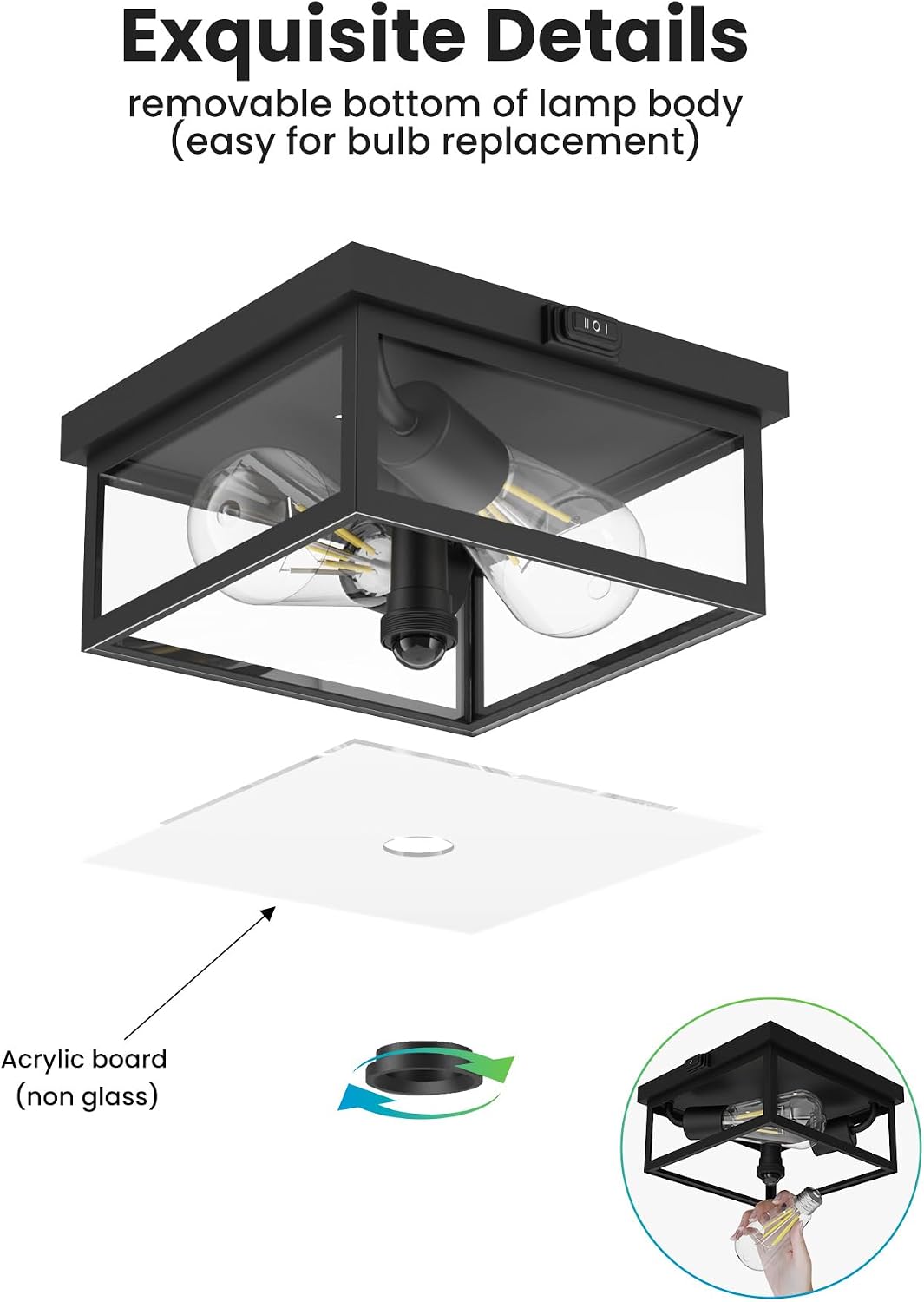 Outdoor Ceiling Light with Motion Sensor, Flush Mount Porch Light, Exterior Light Fixture with Clear Glass, Dusk to Dawn 2-Light Fixture for Patio,Porch Craftersmark