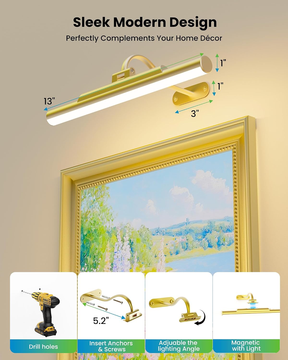 Picture Light for Wall Battery Powered Wireless 13in Gold Craftersmark
