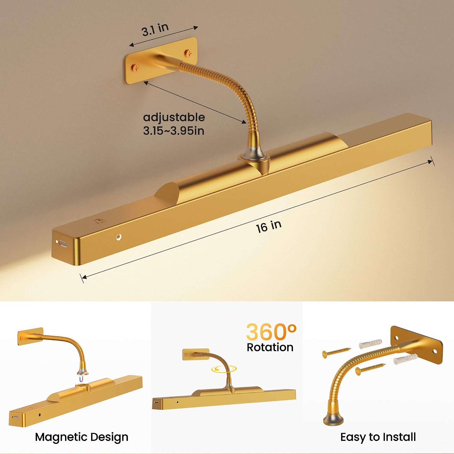 Picture Light with Remote Gold, 16inch Wireless Rechargeable Battery Wall Light for Paintings, 3 Colors with Dimmable and Timer 2Pack Art Light for Painting, Display, Wall, Artwork, Gallery Craftersmark