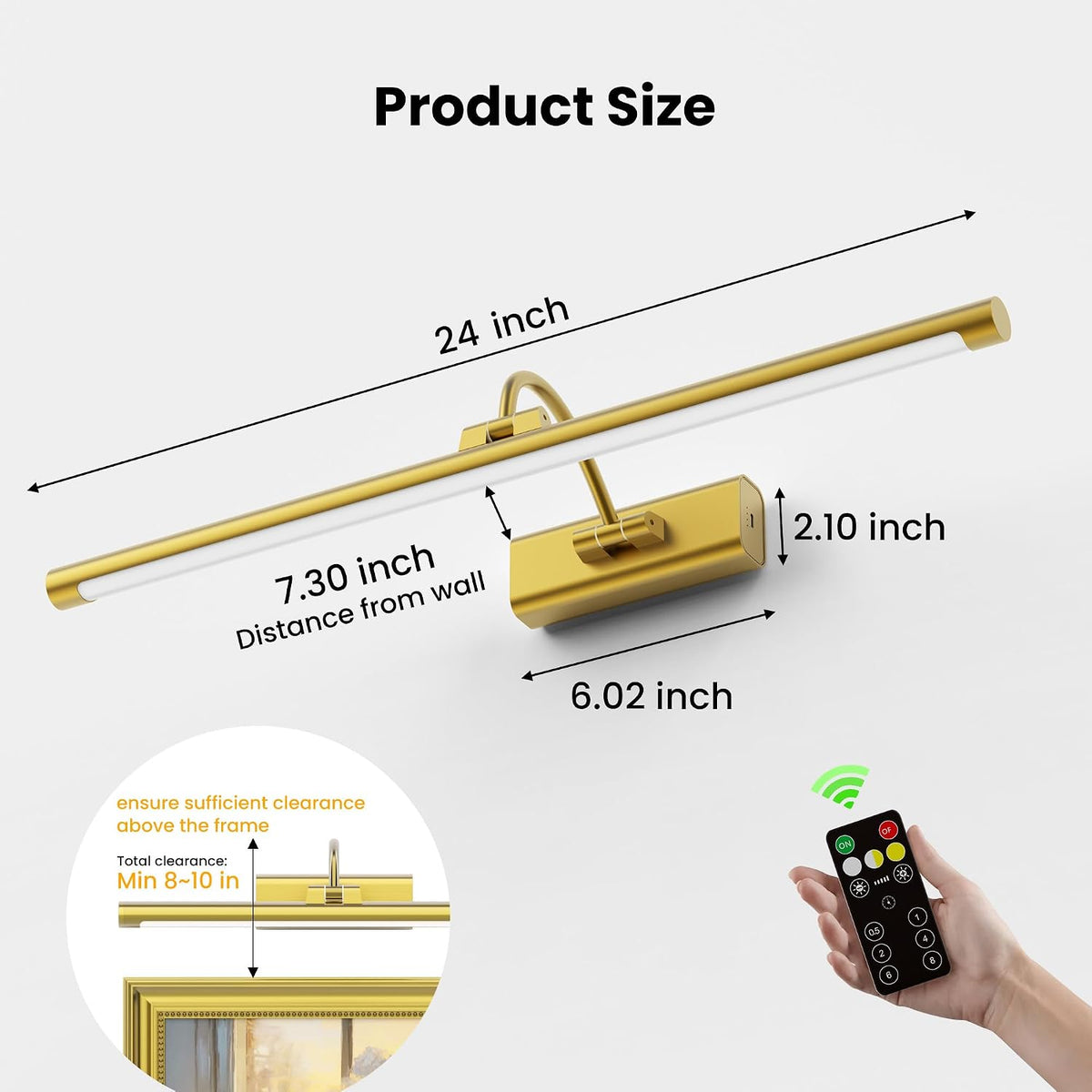 24" Picture Lights for Wall with 8000mAh Battery - Brass Operated Wireless Wall Art Light with Remote Control for Large Portrait & Paintings Art Craftersmark