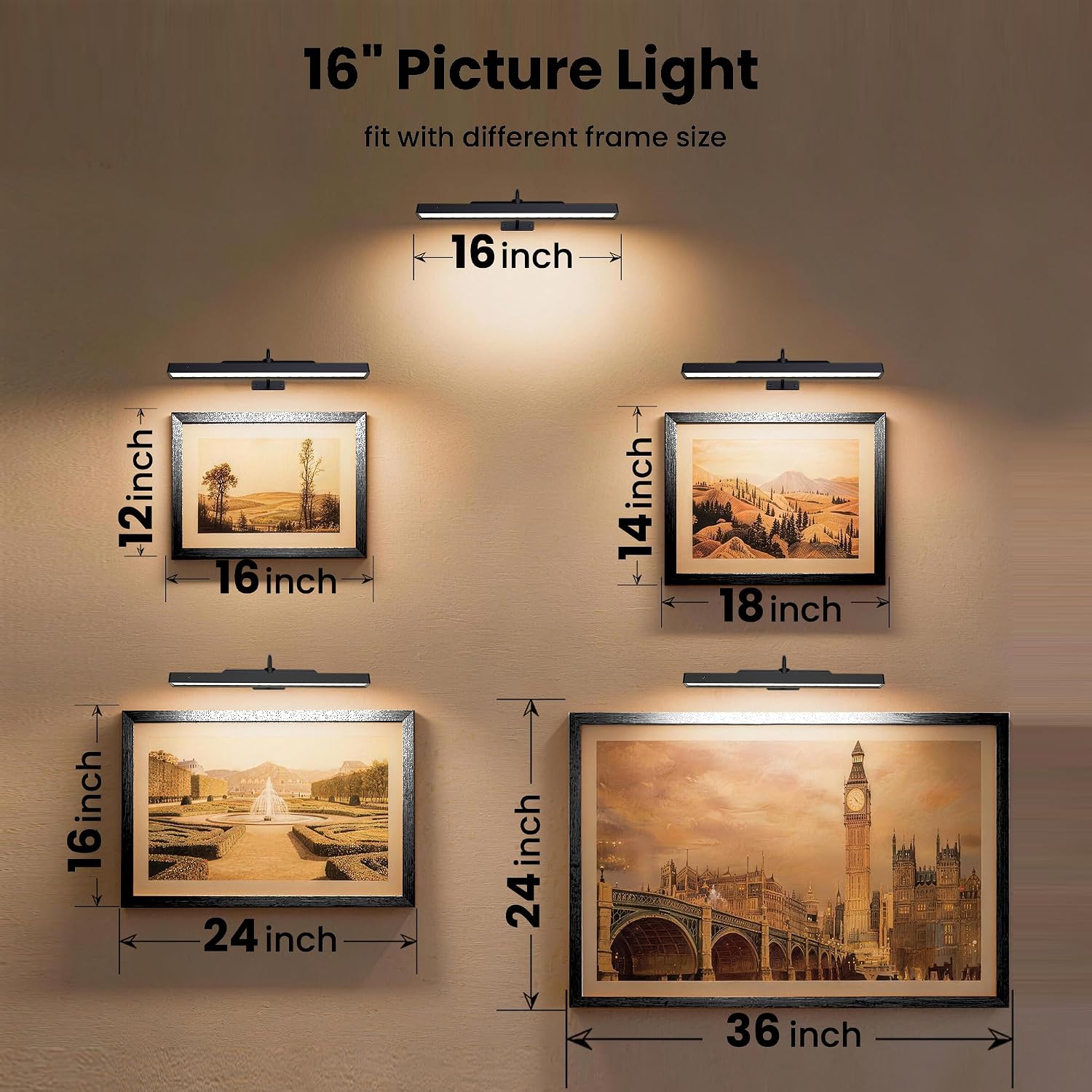 Dimmable Cordless Picture Light for Wall 16in, 5000mAh Rechargeable Battery Wall Sconce Art Light, CRI 95+ 350LM Wall Light for Gallery Artwork, Paintings, Photo,Portraits Craftersmark