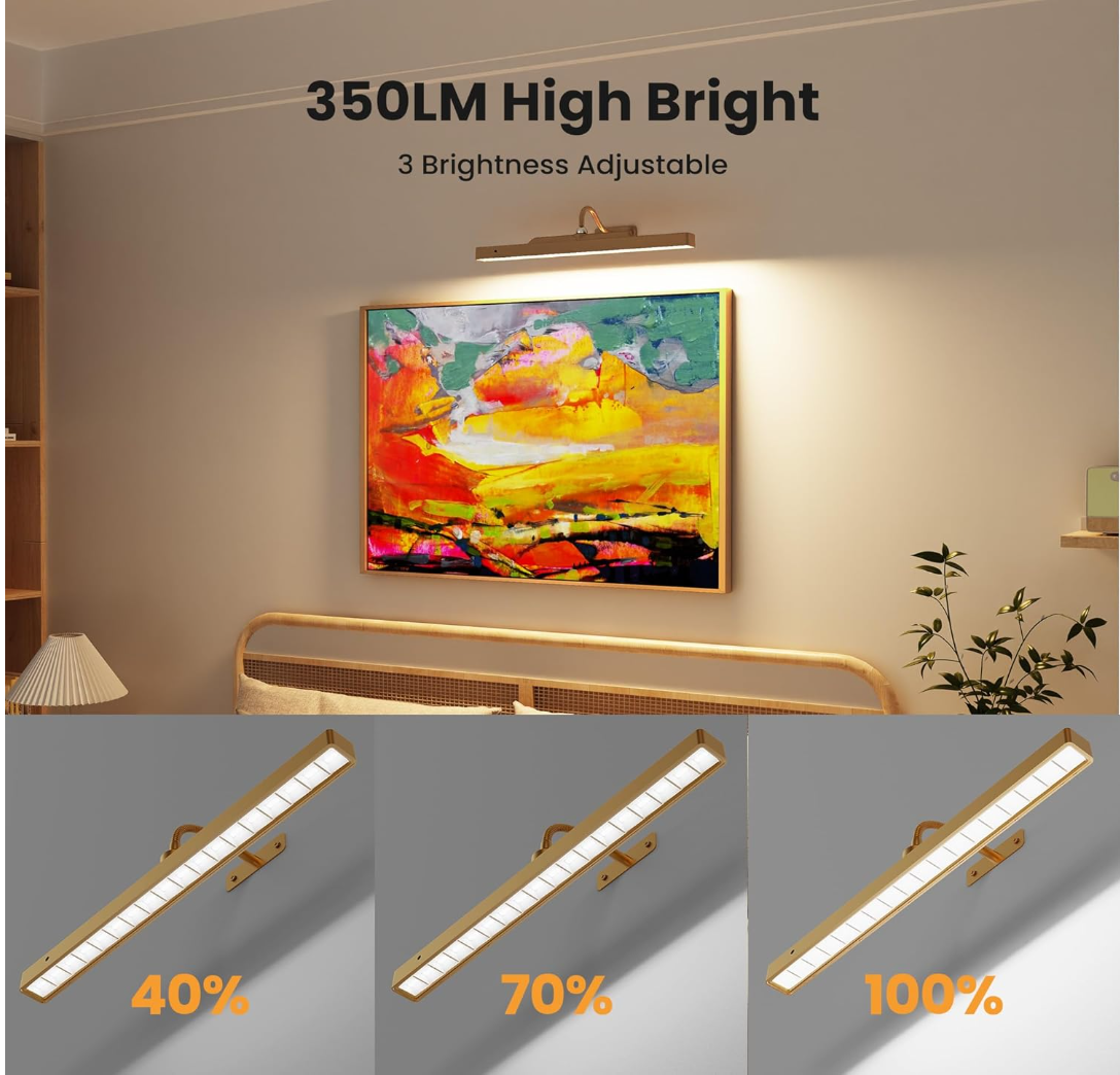 Wireless Picture Light Battery Operated, 1Pack Remote Control Painting Light with Timer, 13Hrs Service Life Art Display Light for Picture Frame Artworking Portrait, Poster, Photo, Mirror_Antique Gold Craftersmark