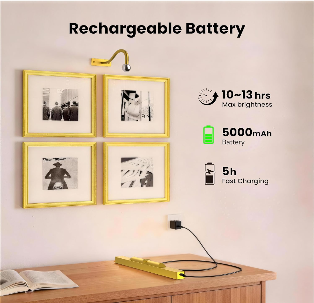 Lights for Pictures on Wall, 16in Battery Operated Picture Lights for Paintings, 5000mAh Wall Lights with Remote and 3 Light Modes,Art Light for Wall Painting,Frame, Portrait, Dartboard - Gold Craftersmark