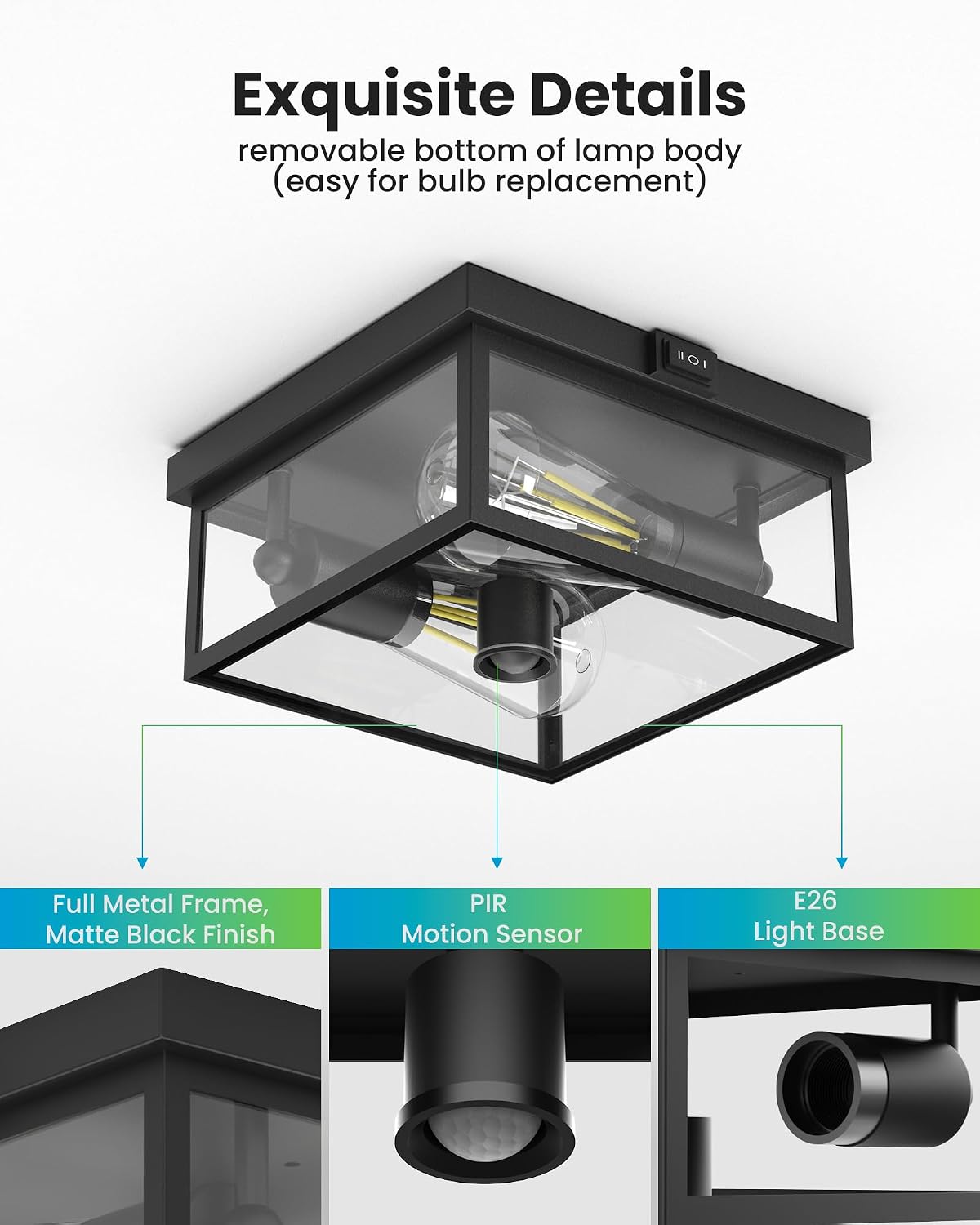 Outdoor Ceiling Light with Motion Sensor, Flush Mount Porch Light, Exterior Light Fixture with Clear Glass, Dusk to Dawn 2-Light Fixture for Patio,Porch Craftersmark