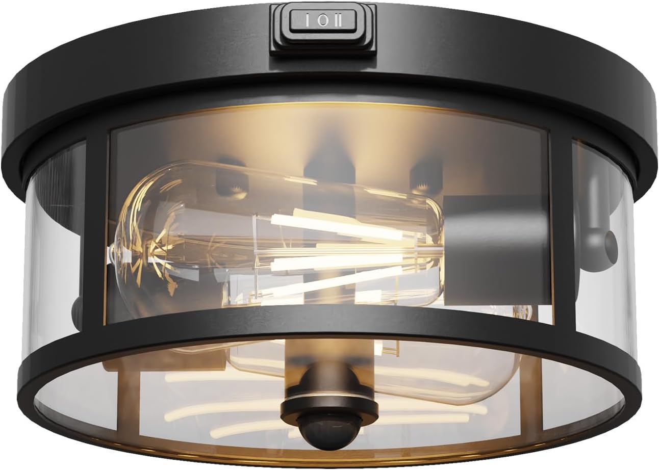 Outdoor Ceiling Light with Motion Sensor, Flush Mount Porch Light, Exterior Light Fixture with Clear Glass, Dusk to Dawn 2-Light Fixture for Patio,Porch Craftersmark