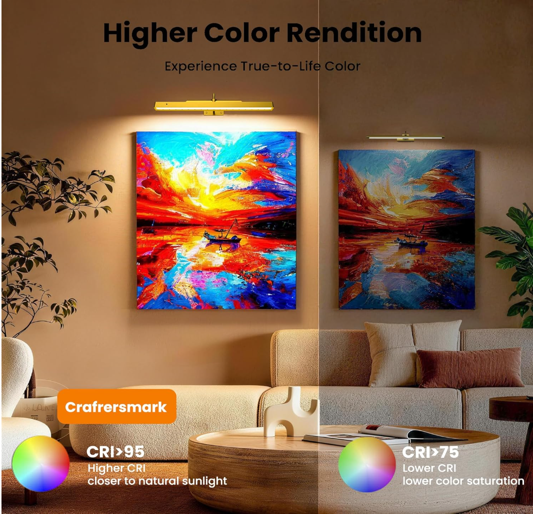 Lights for Pictures on Wall, 16in Battery Operated Picture Lights for Paintings, 5000mAh Wall Lights with Remote and 3 Light Modes,Art Light for Wall Painting,Frame, Portrait, Dartboard - Gold Craftersmark